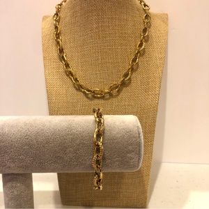 Stella & Dot Necklace & Bracelet set- hammered gold tone w/ pave clear crystals